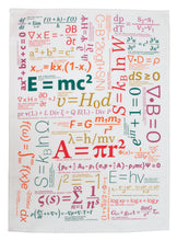 Load image into Gallery viewer, A white cloth tea towel features a full-surface pattern of famous mathematical, physical, and chemical formulas printed in a variety of vibrant colors.
