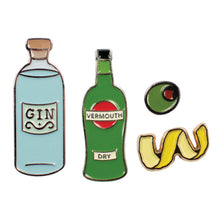 Load image into Gallery viewer, 4 small pins; gin bottle, vermouth bottle, olive, and lemon peel
