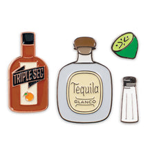 Load image into Gallery viewer, 4 small pins: Triple Sec bottle, Tequila Bottle, Salt shaker, and Lime
