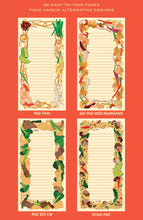 Load image into Gallery viewer, A red promotional graphic showcases four lined notepad page designs bordered with illustrations of popular Thai dishes, labeled "PAD THAI," "GAI PAD MED MAMUANG," "PAD SEE EW," and "KHAO PAD."
