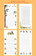 Load image into Gallery viewer, An orange promotional sheet showcases four lined notepad page designs, each decorated with classic E.H. Shepard illustrations from Winnie-the-Pooh.
