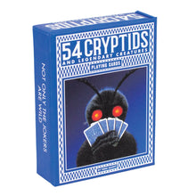 Load image into Gallery viewer, A blue deck box titled "54 CRYPTIDS AND LEGENDARY CREATURES" shows a hairy creature with glowing red eyes holding a fan of playing cards.

