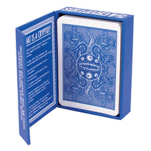 Load image into Gallery viewer, An open blue card box reveals the blue card back design, which depicts a multi-eyed, tentacled sea monster.
