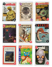 Load image into Gallery viewer, A nine-card grid displays individual playing cards styled as vintage pulp magazine covers featuring famous cryptids and legendary creatures.
