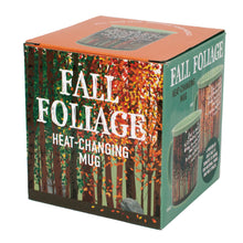 Load image into Gallery viewer, A square cardboard box for the "FALL FOLIAGE HEAT-CHANGING MUG" features woodland illustrations and images demonstrating the color-changing effect.
