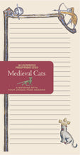 Load image into Gallery viewer, A lined notepad page, wrapped with a maroon brand sleeve labeled "Medieval Cats," features an ornate gothic arch with an archer, a cat, and a crowned feline figure at the bottom corner.
