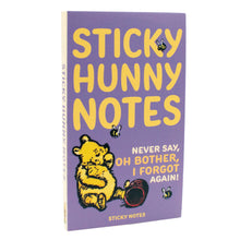 Load image into Gallery viewer, The closed purple booklet cover displays the title "STICKY HUNNY NOTES" along with an illustration of Winnie-the-Pooh sitting beside a empty honey pot.
