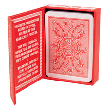 Load image into Gallery viewer, The opened red card deck box reveals an inner flap with printed text beside a playing card featuring a intricate red scorpion and beast pattern back design.
