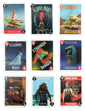 Load image into Gallery viewer, Nine individual playing cards display retro, poster-style artwork depicting mythical creatures and folklore legends including Selkie, Bloody Mary, Hodag, La Llorona, Stranger Danger, Polybius, Krampus, Minotaur, and Baba Yaga.
