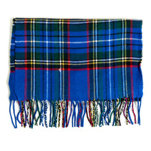 Load image into Gallery viewer, Royal blue tartan plaid scarf with green, red, and yellow stripes and fringe.

