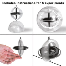 Load image into Gallery viewer, This image features an educational graphic showing the gyroscope physics toy performing different balance experiments across a four-panel grid. It demonstrates the spinning metal-and-plastic gyroscope balancing dynamically in various ways, including being entirely enclosed inside its clear plastic sphere, perched delicately on top of a plastic stand, spinning on a taut black string, and balancing right on the tip of a person's finger.
