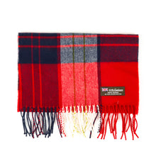 Load image into Gallery viewer, Red, navy blue, and white plaid cashmere scarf with a fabric label and multi-colored fringe.
