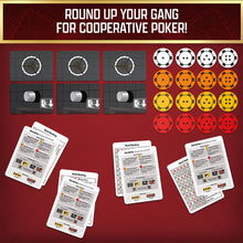 Load image into Gallery viewer, This image shows the back of the packaging box for the card game "The Gang," laid out with game instructions, component graphics, and playing tips across a dark red background. The top half describes the premise of working together to crack a safe, while the bottom half displays illustrations of the game pieces, including poker chips, card tokens, and gold-trimmed playing cards.
