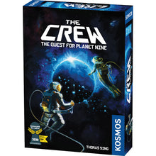 Load image into Gallery viewer, This image shows the front of a rectangular product box for the cooperative card game "The Crew: The Quest for Planet Nine," created by Thomas Sing. The dark, space-themed box art depicts two astronauts floating in deep space with tether cords, drifting near a large, glowing blue planet eclipsed by a distant star.
