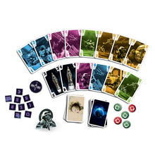 Load image into Gallery viewer, This image displays the colorful components of the card game "The Crew: The Quest for Planet Nine," arranged neatly against a clean white background. It includes two fanned arcs of space-themed playing cards numbered one through nine in vibrant shades of blue, pink, green, and orange, surrounding a cardboard astronaut standee, small square tokens, and stacks of draw cards.

