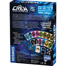 Load image into Gallery viewer, This image shows the back of the product packaging for the cooperative card game "The Crew: The Quest for Planet Nine," detailed with game background text and component photographs against a deep space background. The right side features a visual breakdown of the items included inside the box, displaying several colorful numbered playing cards, small tokens, and a miniature cardboard astronaut standee.
