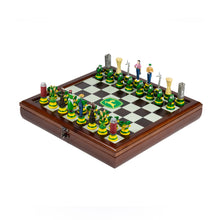 Load image into Gallery viewer, An angled perspective view of the entire John Deere farm-themed chess set completely set up on its wooden storage board.
