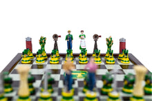 Load image into Gallery viewer, A low-angle view of the farm-themed chess pieces lined up on a wooden chessboard with a John Deere logo at the center.
