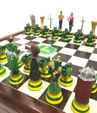 Load image into Gallery viewer, An angled close-up view of a John Deere-themed chess set set up on a checkered board.
