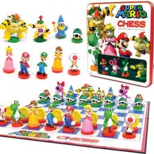Load image into Gallery viewer, A Super Mario chess set product display showing the tin collector box, loose character figurines, and the fully assembled game board.
