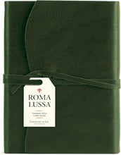 Load image into Gallery viewer, Forest Green high-grade leather features a rustic wrap-around tie closure and a soft suede interior with color-coordinated marbled paper detailing along the inner edges
