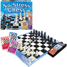 Load image into Gallery viewer, The "No Stress Chess" game box shown above the fully assembled board game, action cards, and card tray.
