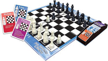 Load image into Gallery viewer, A set up "No Stress Chess" board game with black and white plastic pieces on a double-sided board, accompanied by action cards and a card tray.

