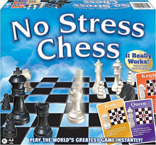 Load image into Gallery viewer, The front of the "No Stress Chess" game box showing a cloudy sky graphic, stylized chess pieces, and action cards.
