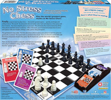 Load image into Gallery viewer, The back of the "No Stress Chess" game box displaying product descriptions, customer reviews, game components, and an illustration of the game set up.
