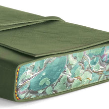 Load image into Gallery viewer, Forest Green high-grade leather features a rustic wrap-around tie closure and a soft suede interior with color-coordinated marbled paper detailing along the inner edges
