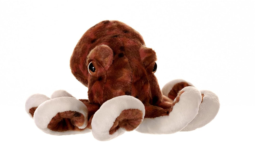 A plush toy resembling an octopus with vibrant brown and white colors, designed for cuddling.