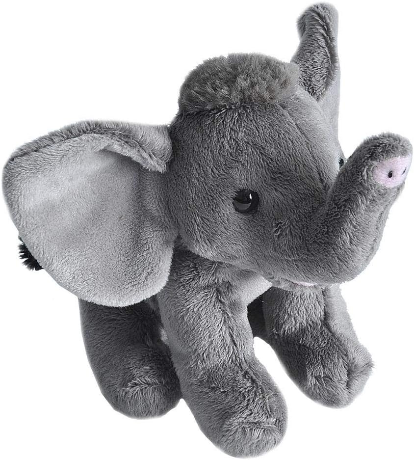 A gray plush stuffed animal toy resembling a mini Asian elephant with a trunk and large ears.