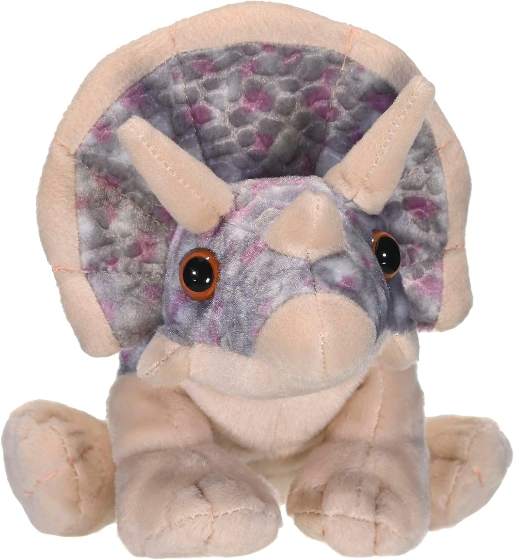 A beige and gray Triceratops stuffed animal toy with a soft texture and a plush design.