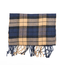 Load image into Gallery viewer, Navy blue and tan plaid scarf with twisted fringe tassels.
