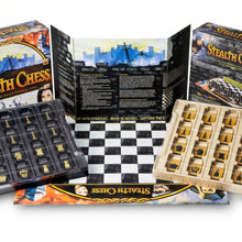 Load image into Gallery viewer, The complete contents of the "Stealth Chess" board game displayed, including game boards, rule screens, product boxes, and plastic sorting trays holding yellow and black game pieces.
