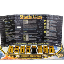 Load image into Gallery viewer, A "Stealth Chess" game board set up with a three-panel cardboard rule screen standing across the center behind a row of yellow castle-wall game pieces.
