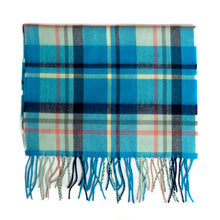 Load image into Gallery viewer, Aqua blue and mint green plaid scarf with coral pink accents and blue fringe.
