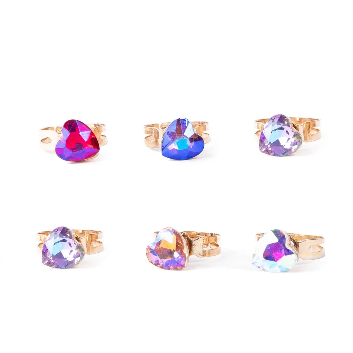Load image into Gallery viewer, Set against a solid white background six gold-colored novelty rings are arranged neatly in two rows of three. Each ring features a large, faceted heart-shaped crystal that catches the light, showcasing vibrant individual colors including fuchsia, deep blue, lavender, and sparkling iridescent multi-toned shades.