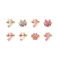 Load image into Gallery viewer, Set against a clean white background, eight gold-colored novelty rings are arranged in two rows of four. The collection features a variety of cute, cat-themed designs decorated with pink, white, and silver rhinestones or glitter, including several sitting kittens, two detailed cat faces, and a small animal paw print.
