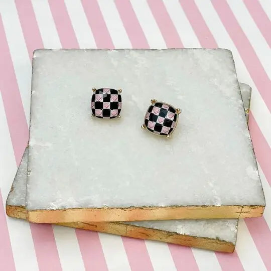 Checkered Pink Heart Glass Stud Earring