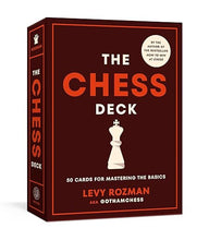 Load image into Gallery viewer, A dark maroon card box titled "The Chess Deck" by Levy Rozman, featuring bold red and white typography alongside an illustration of a white king chess piece.
