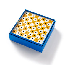 Load image into Gallery viewer, A square peg-style chessboard featuring yellow and white checkered squares with small holes, resting inside a blue box frame.
