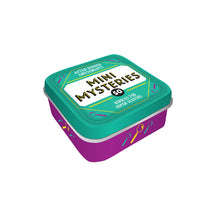 Load image into Gallery viewer, Mini Mysteries: Become a pocket-sized Sherlock. This tin contains 50 "short but sinister" riddles. Players read a mystery aloud, and the first person to solve it wins. Ideal for teens and adults who love true crime and logic puzzles.
