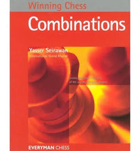 Load image into Gallery viewer, Front cover of the book "Winning Chess Combinations" by Yasser Seirawan, framed in bright red with a close-up photo of a wooden chess piece highlighted in warm orange and yellow lighting.
