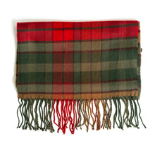 Load image into Gallery viewer, Red and olive green plaid scarf with long fringe trim.
