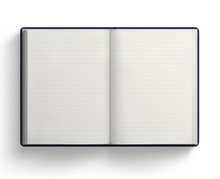 Load image into Gallery viewer, This image shows an open notebook lying perfectly flat and viewed from directly above against a white background. The notebook reveals two blank, cream-colored pages featuring thin, horizontal gray lines for writing, subtly bordered by a dark navy blue spine and outer cover.
