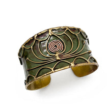 Load image into Gallery viewer, Brass Patina Cuff showcases a stunning contrast of rich, earth-toned green patina and gleaming brass wirework.
