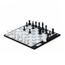 Load image into Gallery viewer, A full view of a modern DGT Centaur digital chessboard set up with black and white plastic pieces on an e-paper display board.
