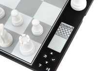 Load image into Gallery viewer, A close-up view of the corner of a DGT Centaur electronic chessboard showing white chess pieces, an e-paper display illustrating the board setup, and control buttons.
