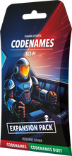 Load image into Gallery viewer, Packaging for the Codenames Sci-Fi Expansion Pack, designed as a tall retail envelope with a peg hole at the top. The futuristic cover art features an astronaut in a dark suit with a glowing yellow visor sitting in a spaceship cockpit, set against a backdrop of deep space with streaks of red light.
